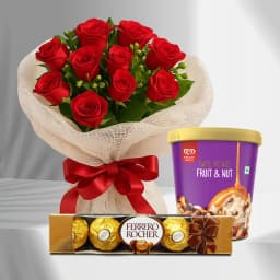 Luminous Red Roses Bouquet with Kwality Walls Twin Flavor Ice Cream n Ferrero Rocher 1