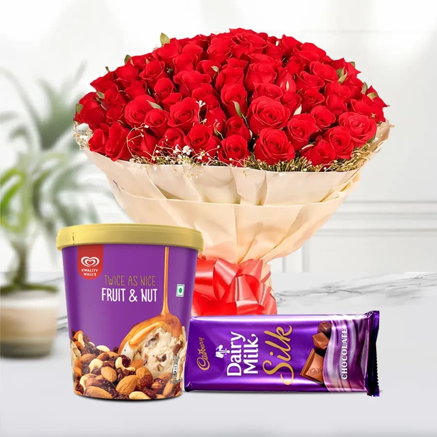 Romantic Red Roses Bouquet with Kwality Walls Twin Flavor Ice Cream n Cadbury Fruit n Nut