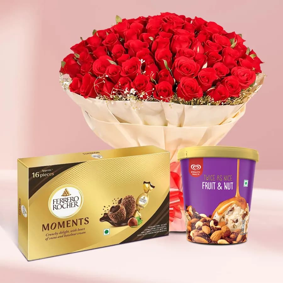 Mesmerizing Red Rose with Kwality Walls Twin Flavor Ice Cream n Ferrero Moments