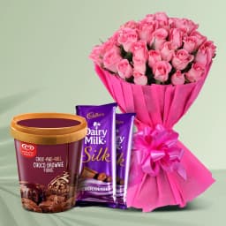 Lovely Pink Roses n Kwality Walls Choco Brownie Fudge Ice Cream with Cadbury Silk 1