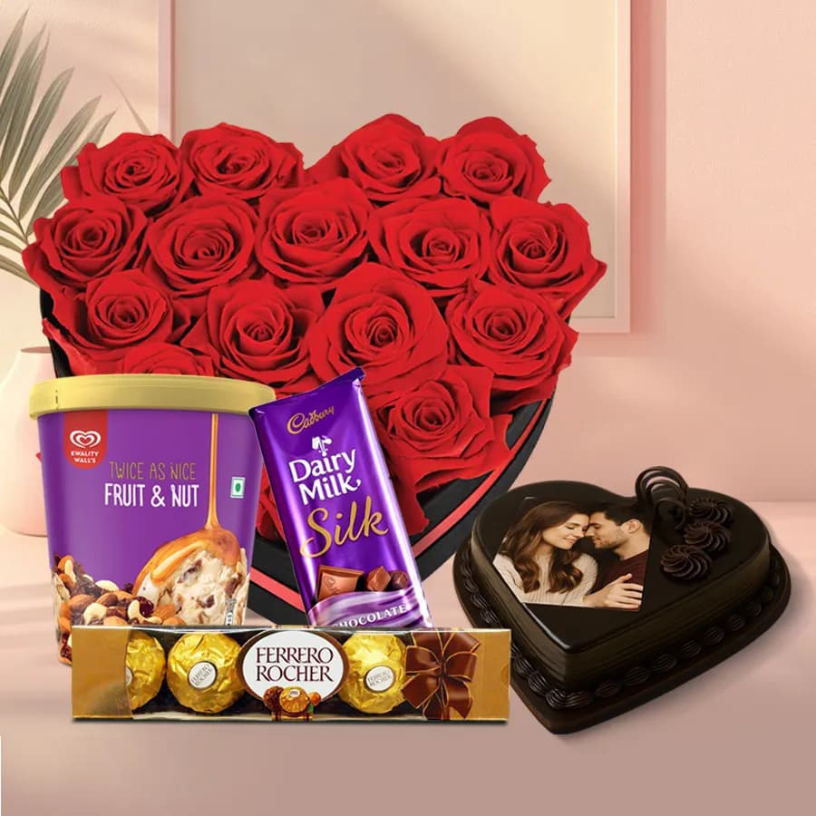 Heart-felt Red Roses n Kwality Walls Twin Flavor Ice Cream with Photo Cake n Chocolates