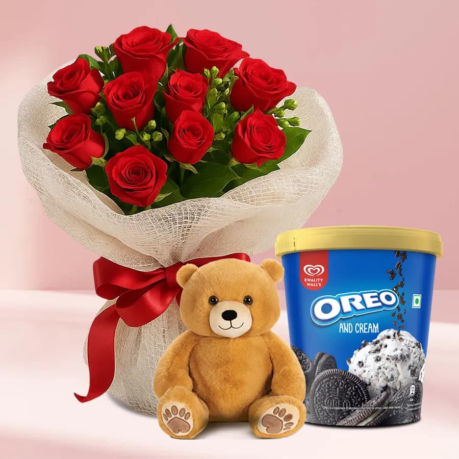 Exquisite Red Roses Bouquet with Kwality Walls Oreo n Cream Ice Cream n Teddy