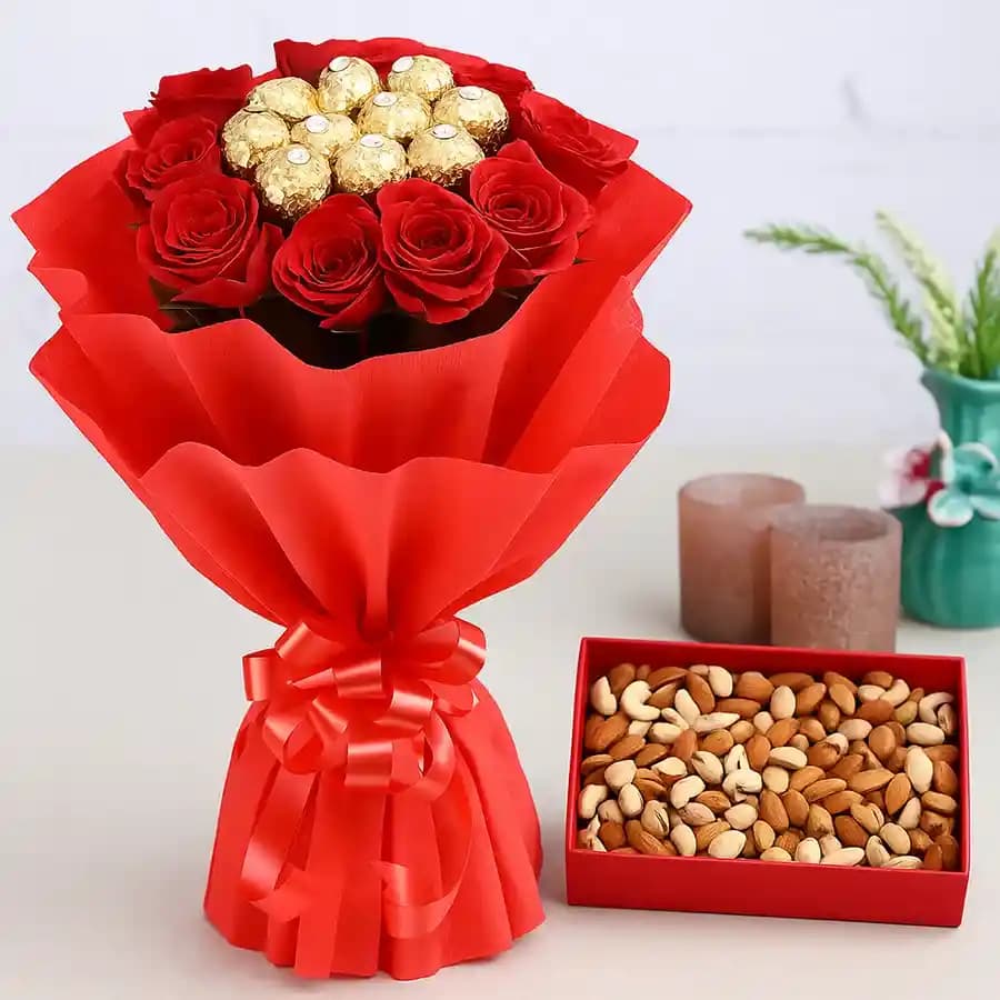 Amazing Bouquet of Red Roses n Ferrero Rocher Chocolates with Dry Fruits in Box