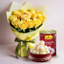 Elegant Bouquet of Yellow Roses with Haldiram Rasgulla for Mom 1