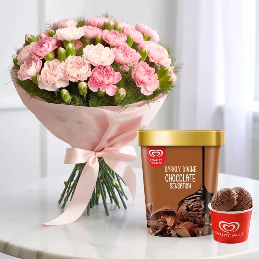 Charming Pink Carnations with Chocolate Ice-Cream from Kwality Walls