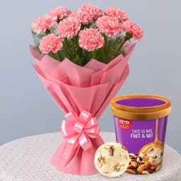 Divine Pink Carnations Bouquet with Fruit n Nut Ice-Cream from Kwality Walls 1