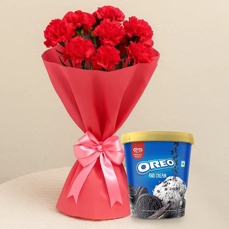 Beautiful Red Carnations Bouquet with Oreo Ice-Cream from kwality Walls