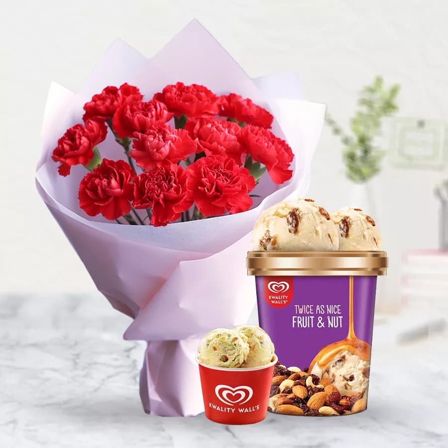 Tender Red Carnations Bouquet with Fruit n Nut Ice-Cream from Kwality Walls