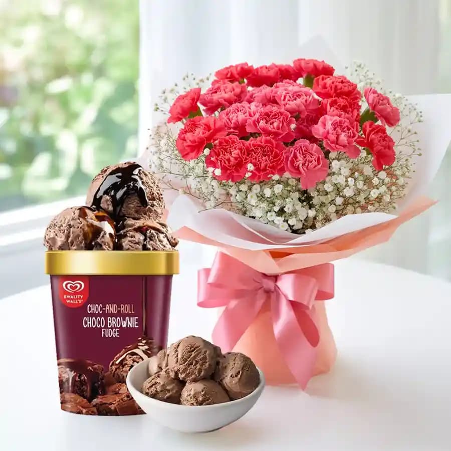 Blooming Red Carnations Bouquet with Choco Brownie Fudge Ice Cream from Kwality Walls