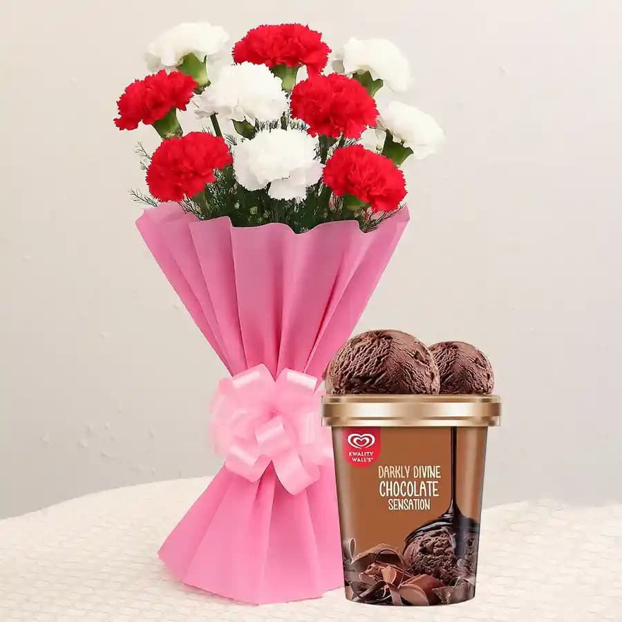 Magical Assorted Carnations Bouquet with Chocolate Ice-Cream from Kwality Walls