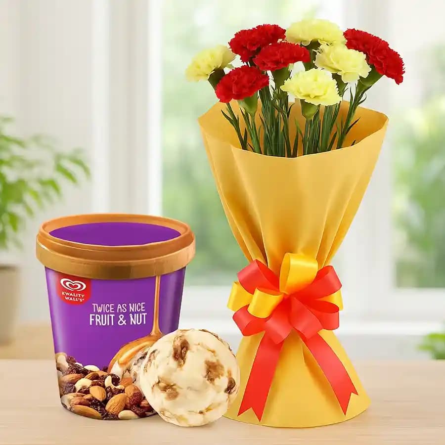 Delightful Red n Yellow Carnations Bouquet with Fruit n Nut Ice-Cream from Kwality Walls