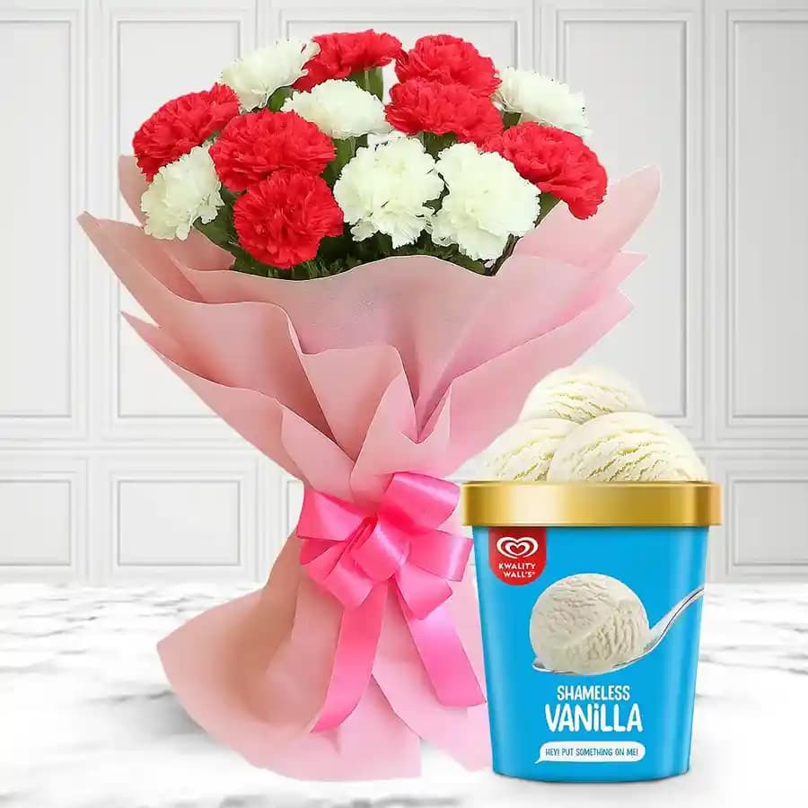 Magnificent Pink n White Carnations with Vanilla Ice Cream from Kwality Walls