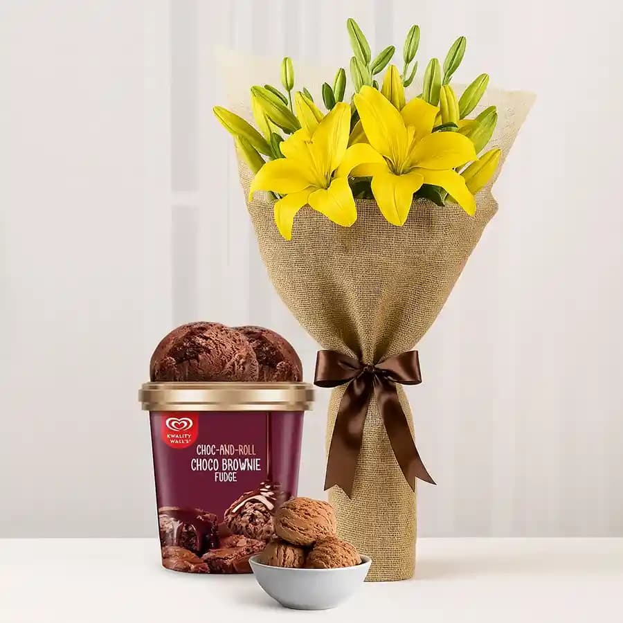 Majestic Yellow Lilies Bouquet with Choco Brownie Fudge Ice Cream from Kwality Walls