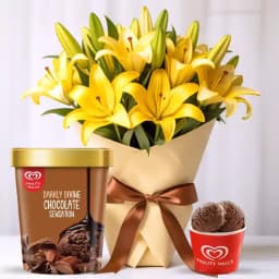 Bright Yellow Lilies Bouquet with Chocolate Ice-Cream from Kwality Walls 1