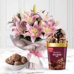 Arresting Pink Lilies Bouquet with Choco Brownie Fudge Ice Cream from Kwality Walls 1