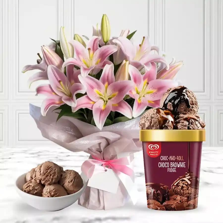 Arresting Pink Lilies Bouquet with Choco Brownie Fudge Ice Cream from Kwality Walls
