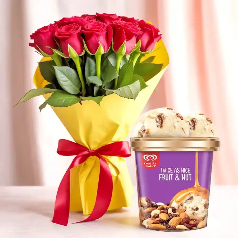 Graceful Red Roses Bouquet with Fruit n Nut Ice-Cream from Kwality Walls
