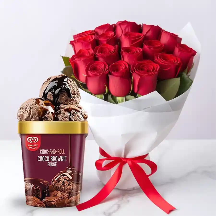 Enchanting Bouquet of Red Roses with Choco Brownie Fudge Ice Cream from Kwality Walls