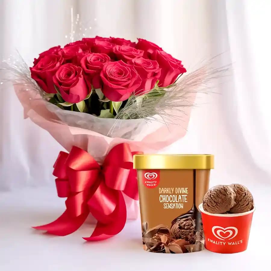 Charming Red Rose Bouquet with Chocolate Ice-Cream from Kwality Walls