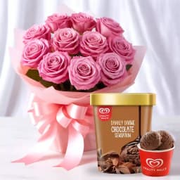 Stunning Pink Roses Bouquet with Chocolate Ice-Cream from Kwality Walls 1