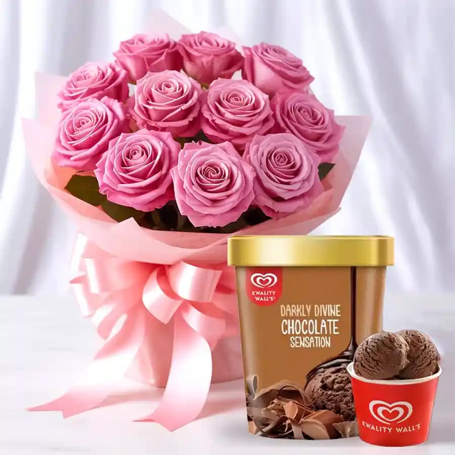 Stunning Pink Roses Bouquet with Chocolate Ice-Cream from Kwality Walls