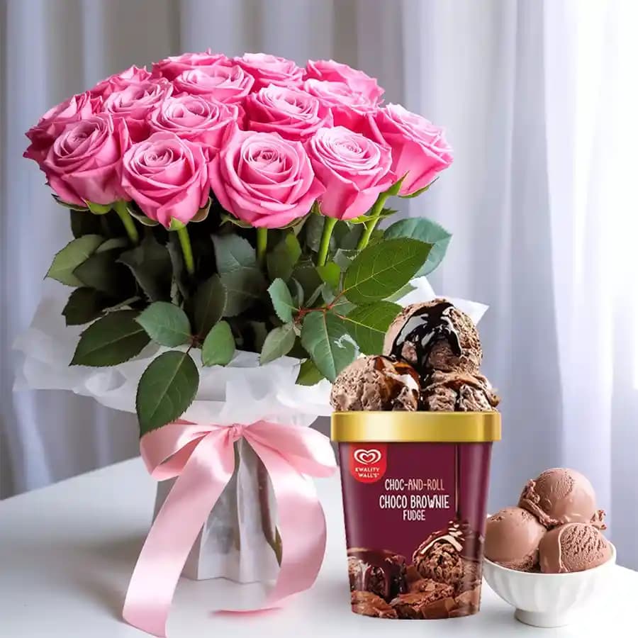 Amazing Pink Roses Bouquet with Choco Brownie Fudge Ice Cream from Kwality Walls