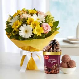 Exotic Mixed Flower Arrangement with Choco Brownie Fudge Ice Cream from Kwality Walls 1