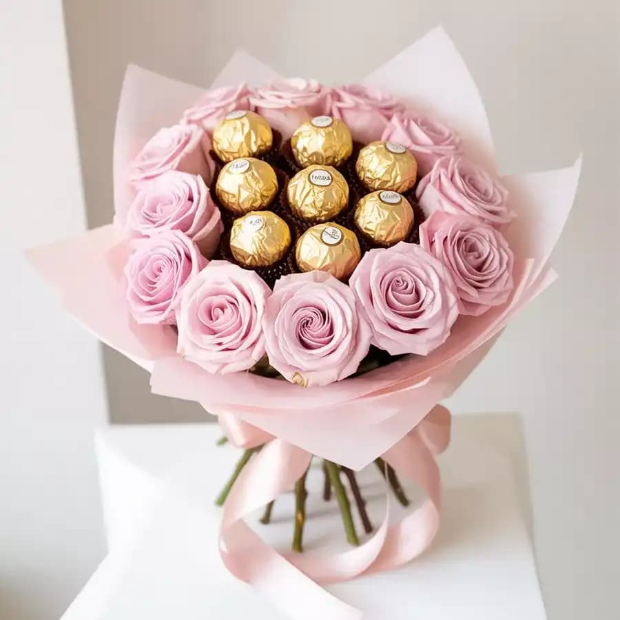 Attractive Bouquet of Ferrero Rocher with Pink Roses for Mom