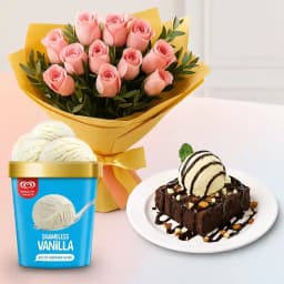 Classy Pink Roses with Chocolate Walnut Brownie n Kwality Walls Ice Cream 1