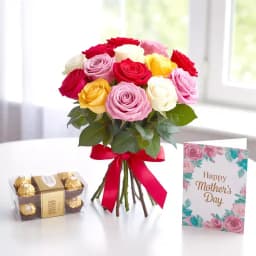 Attractive Mixed Roses Bunch with Ferrero Rocher and Moms Day Card 1
