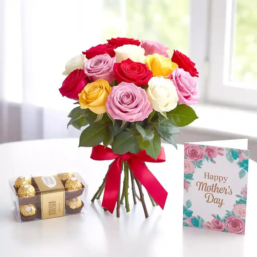 Attractive Mixed Roses Bunch with Ferrero Rocher and Moms Day Card