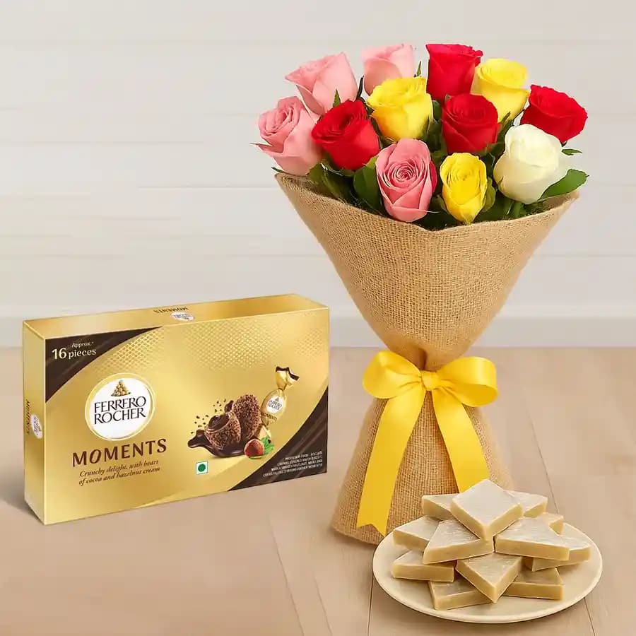 Delightful Roses with Kaju Barfi n Ferrero Rocher Moments