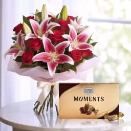 Beautiful Lilies N Roses Bouquet with Ferrero Rocher Chocolate Box 1