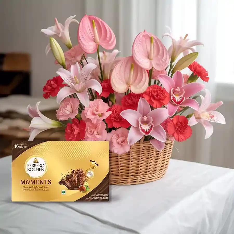 Designer Arrangement of Exotic Flowers with Ferrero Rocher Moment