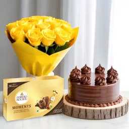 Yummy Chocolate Cake with Yellow Rose Bouquet N Ferrero Rocher Moment 1
