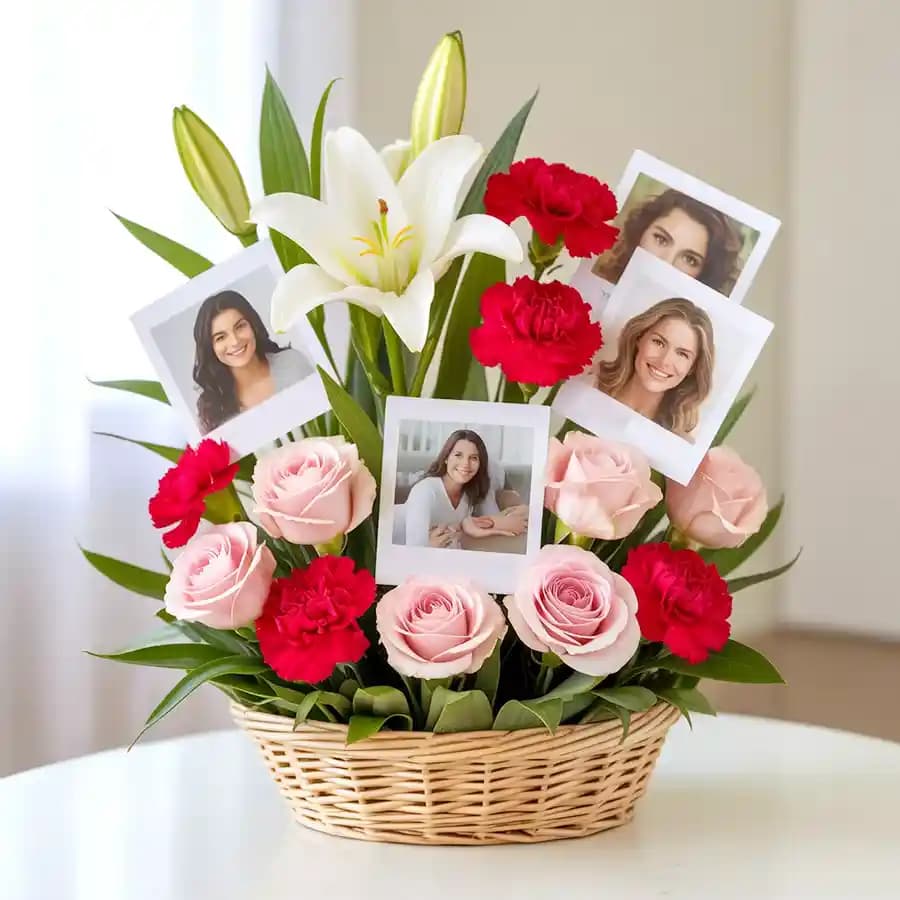 Exclusive Mixed Flowers N Personalized Photos Basket