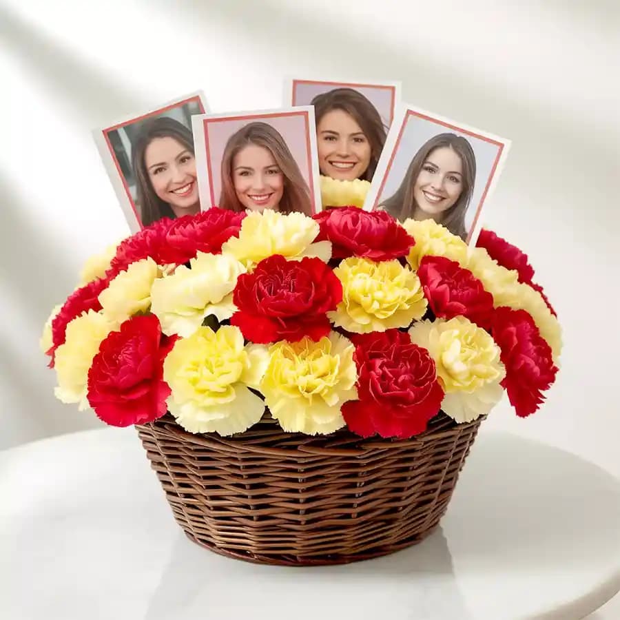 Splendid Red n Yellow Carnations n Personalized Photos Basket