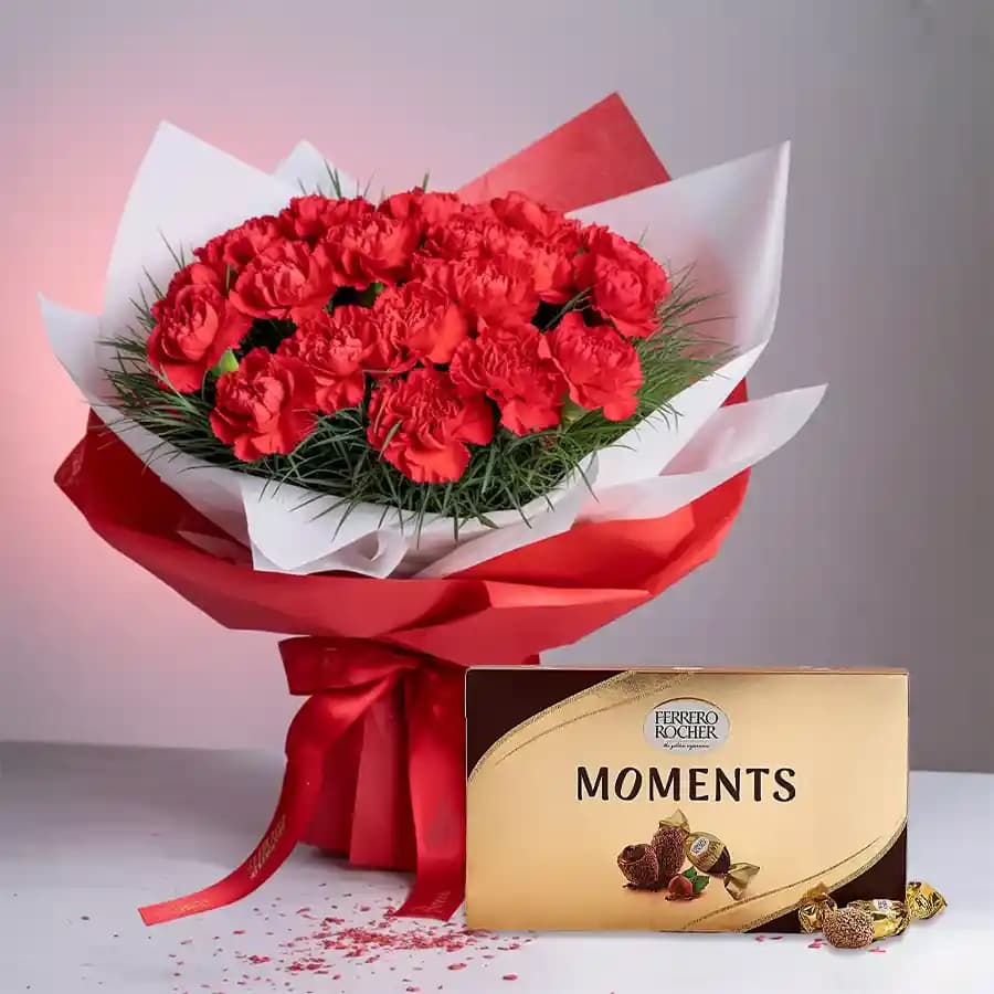 Gorgeous Red Carnations Bouquet with Ferrero Rocher Chocolate