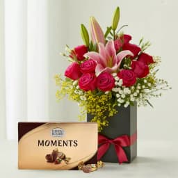 Admirable Red Roses n Pink Lilies Gift Box with Ferrero Rocher Moment 1