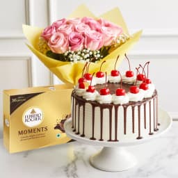 Delicious Cake with Pink Roses Bouquet N Ferrero Rocher Moments 1