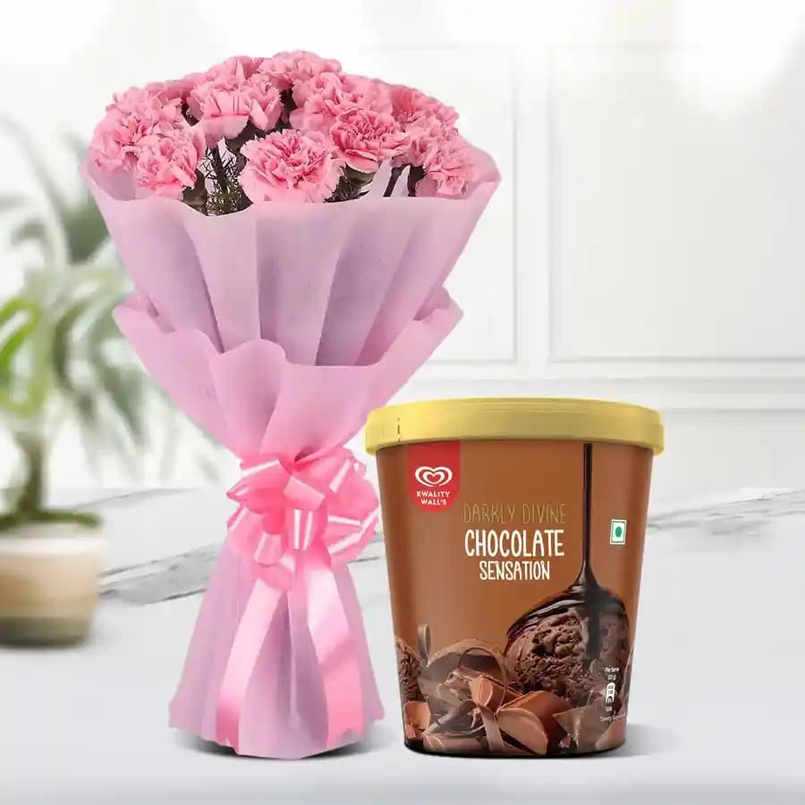 Charming Pink Carnation Bouquet with Kwality Walls Chocolate Ice Cream