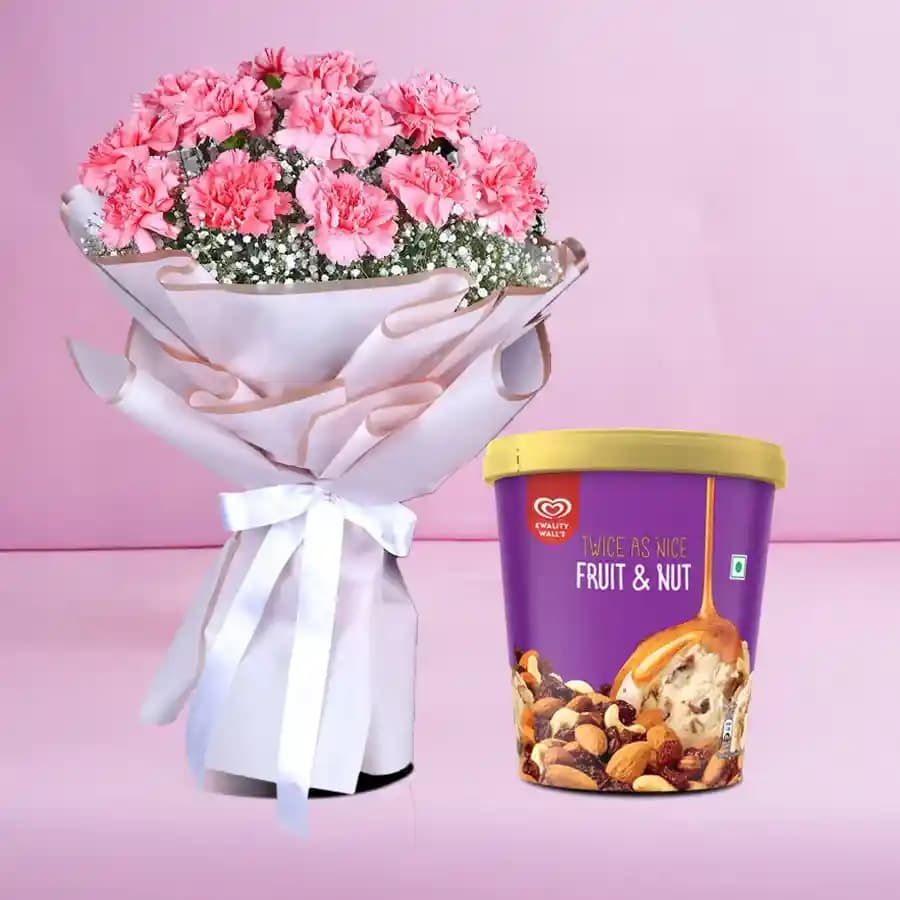 Glorious Pink Carnation Bouquet with Kwality Walls Fruit n Nut Ice Cream
