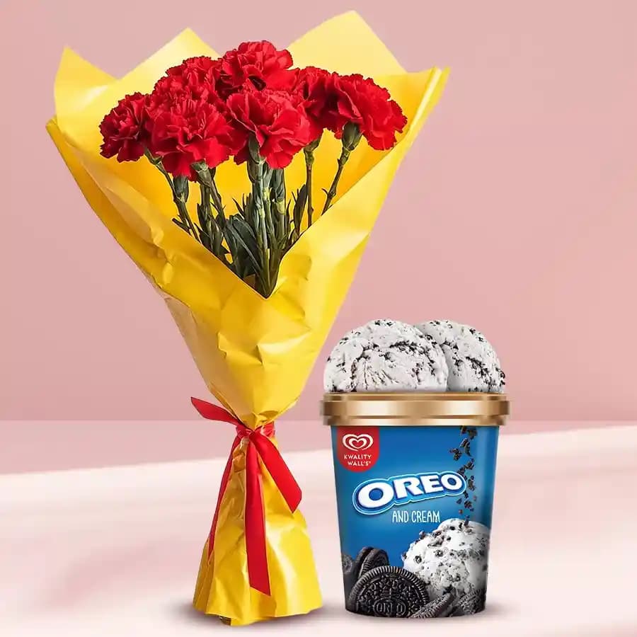 Gorgeous Red Carnation Bouquet With Kwality Walls Oreo Ice Cream