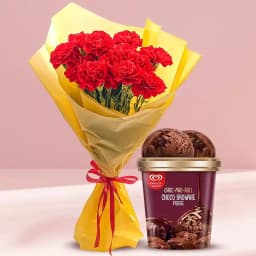 Dreamy Red Carnation Bouquet with Kwality Walls Choco Brownie Fudge Ice Cream 1