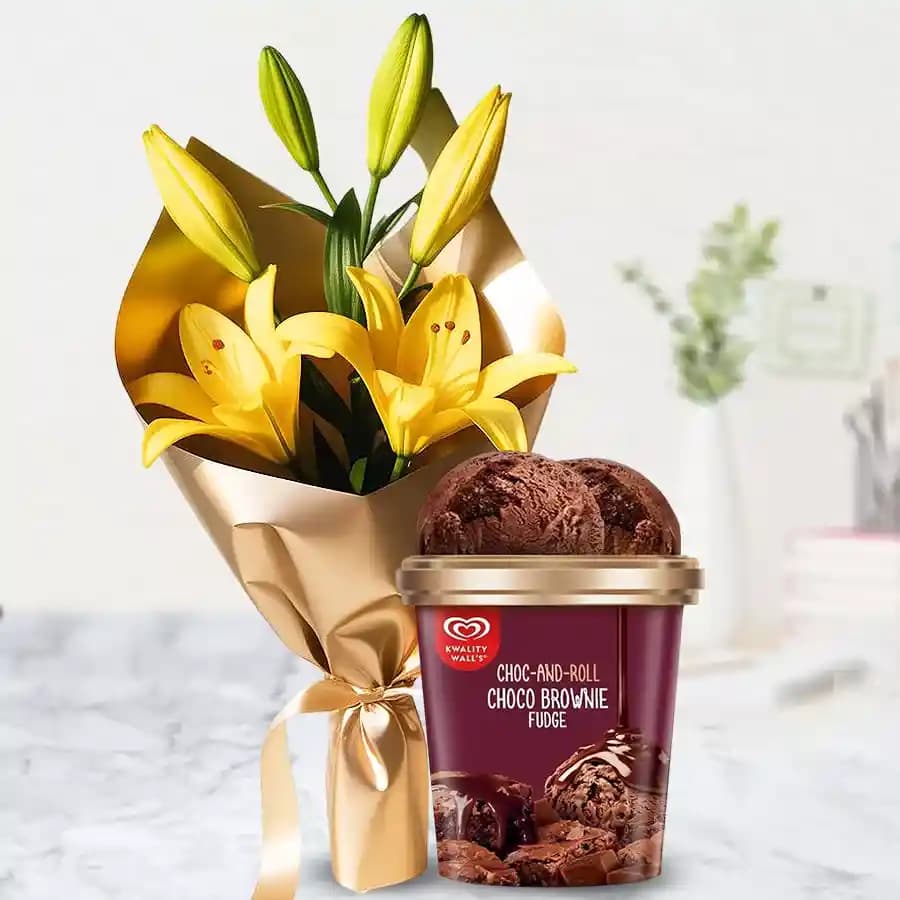 Bright Yellow Lily Bouquet with Kwality Walls Choco Brownie Fudge Ice Cream