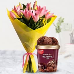 Elegant Pink Lily Bouquet with Choco Brownie Fudge Ice Cream from Kwality Walls 1