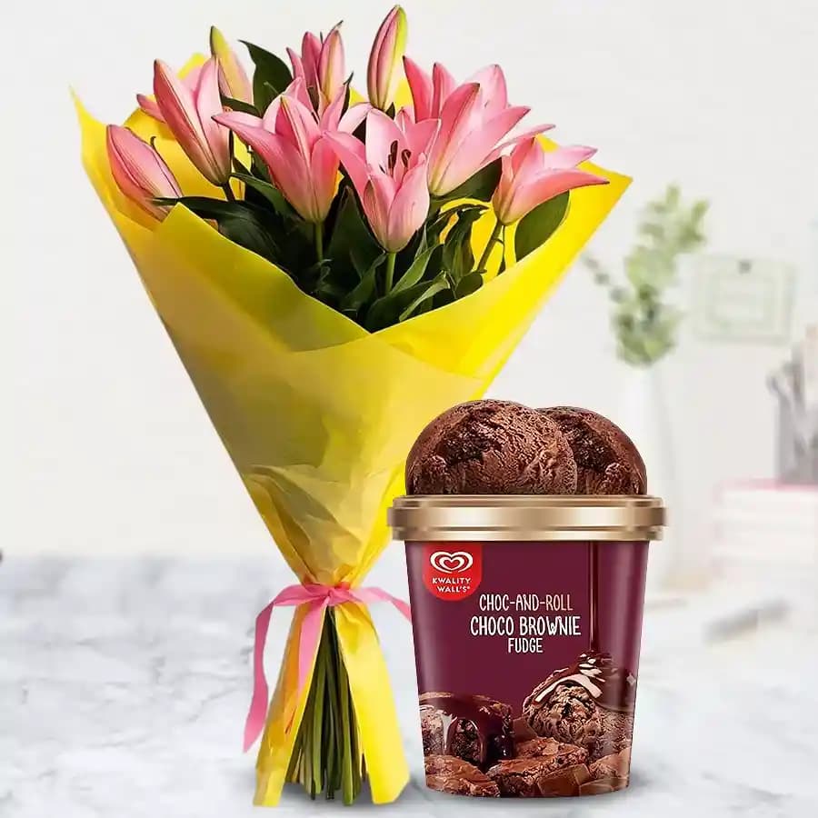 Elegant Pink Lily Bouquet with Choco Brownie Fudge Ice Cream from Kwality Walls