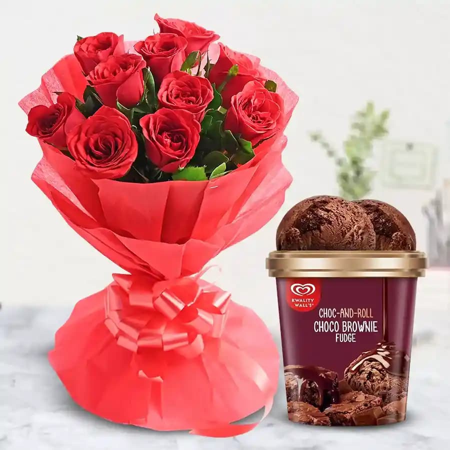Soft Red Rose Bouquet with Choco Brownie Fudge Ice Cream from Kwality Walls