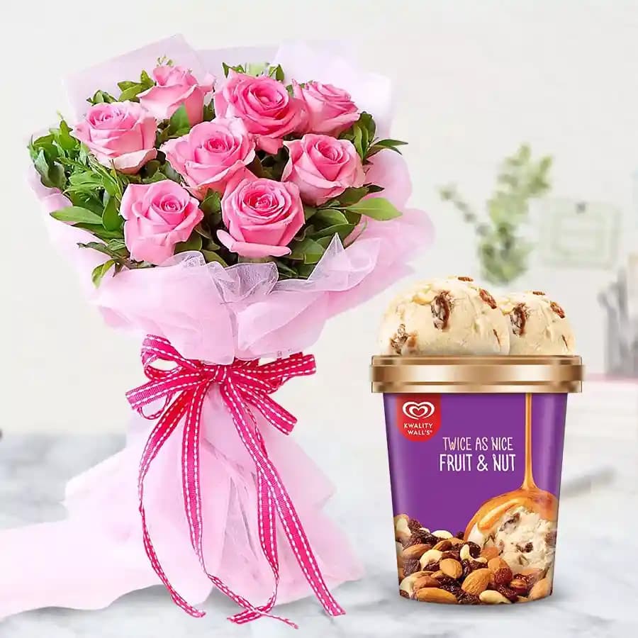Vibrant Pink Roses Bouquet with Fruit n Nut Ice-Cream from Kwality Walls