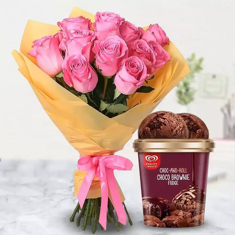 Exotic Pink Rose Bouquet with Choco Brownie Fudge Ice Cream from Kwality Walls